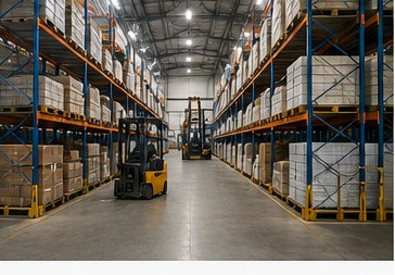 Industrial warehouse with packaged commercial goods