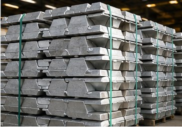 Stacked aluminium ingots at an industrial facility