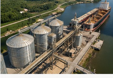 Grain silos at a bulk agricultural export terminal