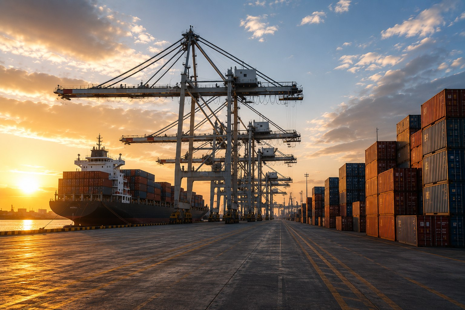 Cargo ship and container cranes at an international port at golden hour